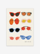 Colourful sunglasses poster with eight hand-painted retro eyewear designs and the text Choose Your Mood