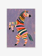 Colourful zebra art print with pink, teal, and orange stripes on lavender background