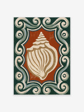 Conch shell poster with ornate cream swirl border on dark green and rust-red background