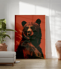 Cool bear poster wearing aviator sunglasses against a textured red background, showcasing dark fur and a stern expression. - Image 3