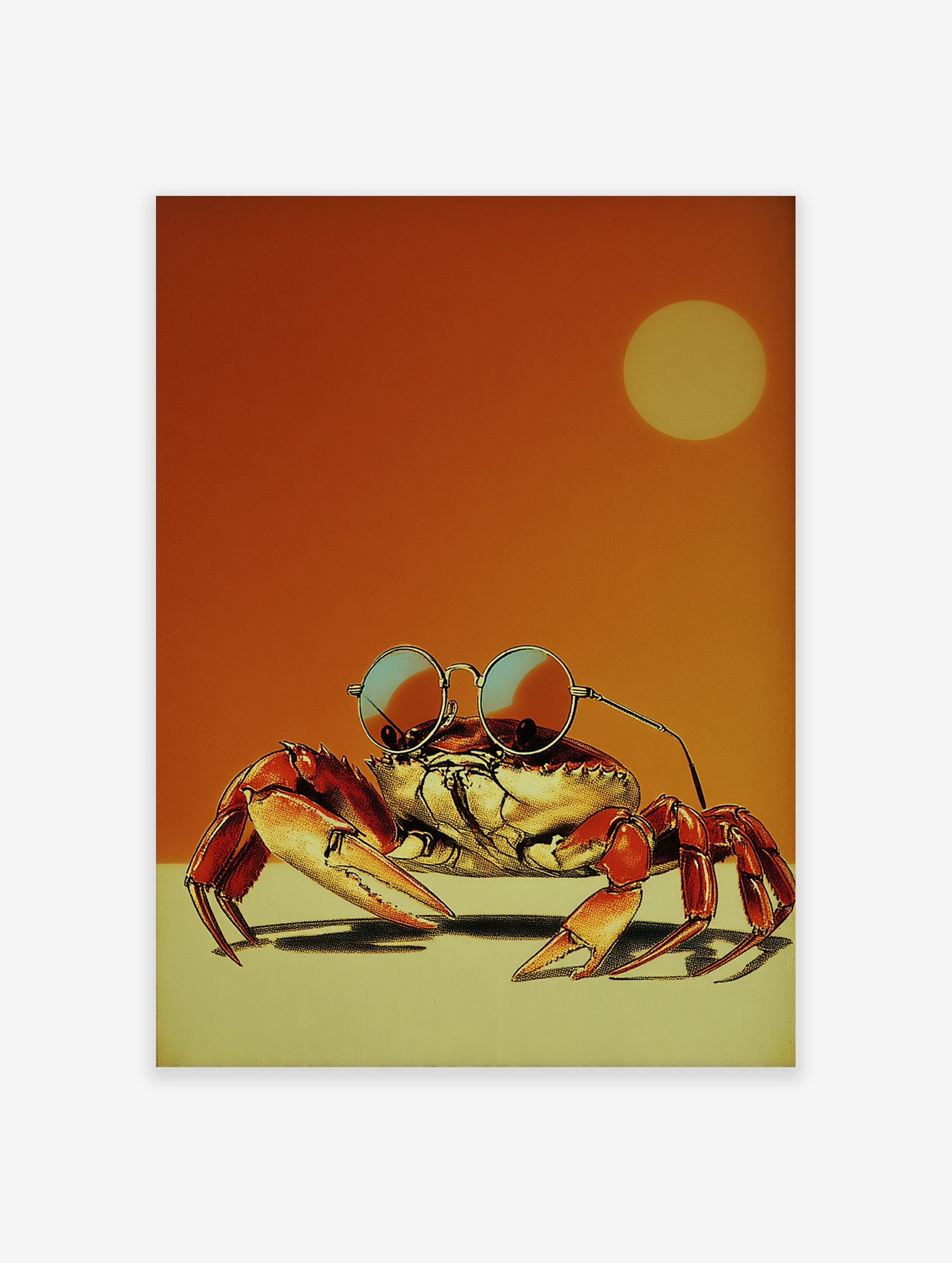 Retro illustration of a cool crab wearing round sunglasses with an orange sky and yellow sun in the background.