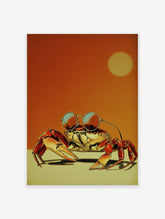 Retro illustration of a cool crab wearing round sunglasses with an orange sky and yellow sun in the background.
