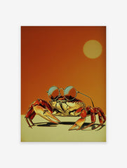 Retro illustration of a cool crab wearing round sunglasses with an orange sky and yellow sun in the background.