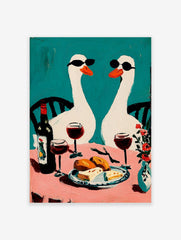 Two white geese in sunglasses at a pink table with wine and food, against a teal background, in an illustrative style