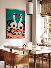 Two white geese in sunglasses at a pink table with wine and food, against a teal background, in an, in a styled room mockup