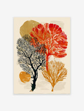 Abstract coral botanical wall art print featuring red, orange, and black stylized coral and tree-like forms on a light background.