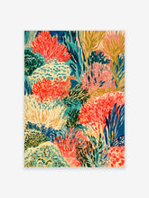Colourful coral reef art print with seahorse among red, pink and teal corals