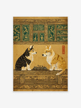 Corgi dogs playing chess in Japanese woodblock style art print with green decorative panels