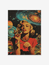 Retro woman in a red dress drinking a cocktail, set against a vibrant space background with galaxies and planets poster.