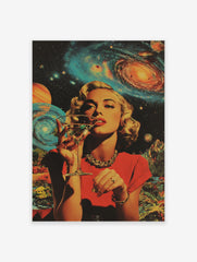 Retro woman in a red dress drinking a cocktail, set against a vibrant space background with galaxies and planets poster.