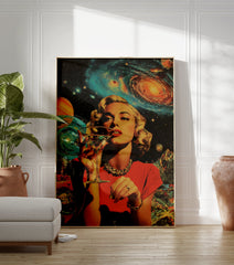 Retro woman in a red dress drinking a cocktail, set against a vibrant space background with galaxies and planets poster. - Image 3