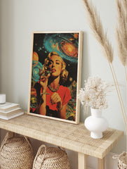 Retro woman in a red dress drinking a cocktail, set against a vibrant space background with galaxies and planets poster. - Image 4