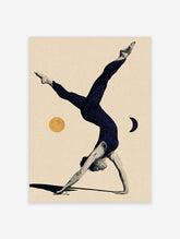 Navy blue gymnast in handstand split with starry body, gold sun and crescent moon on beige background art print