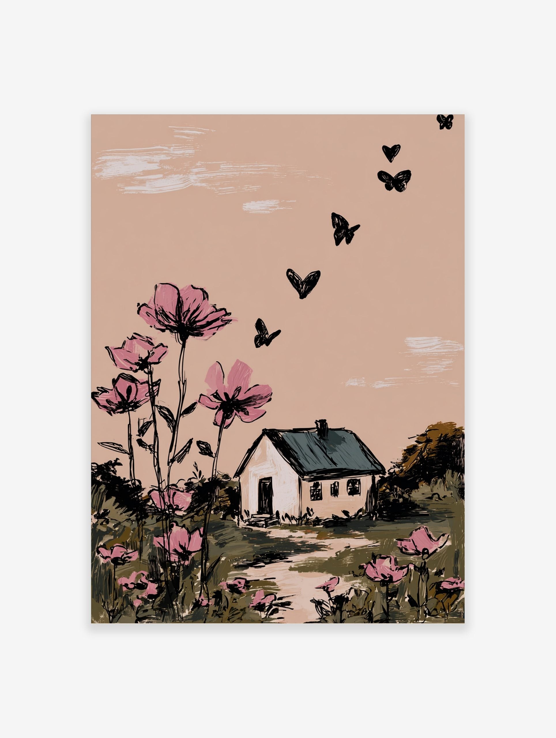 Illustrative wall art with pink cosmos flowers, a white house, and black butterflies against a peach sky