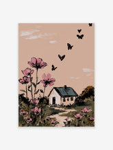 Illustrative wall art with pink cosmos flowers, a white house, and black butterflies against a peach sky