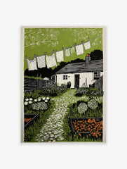 Cottage garden art print with clothesline, paved path, white cottage, and green foliage