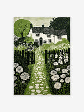 Cottage garden green linocut print with house, stone path, picket fence, foxgloves, and allium flowers