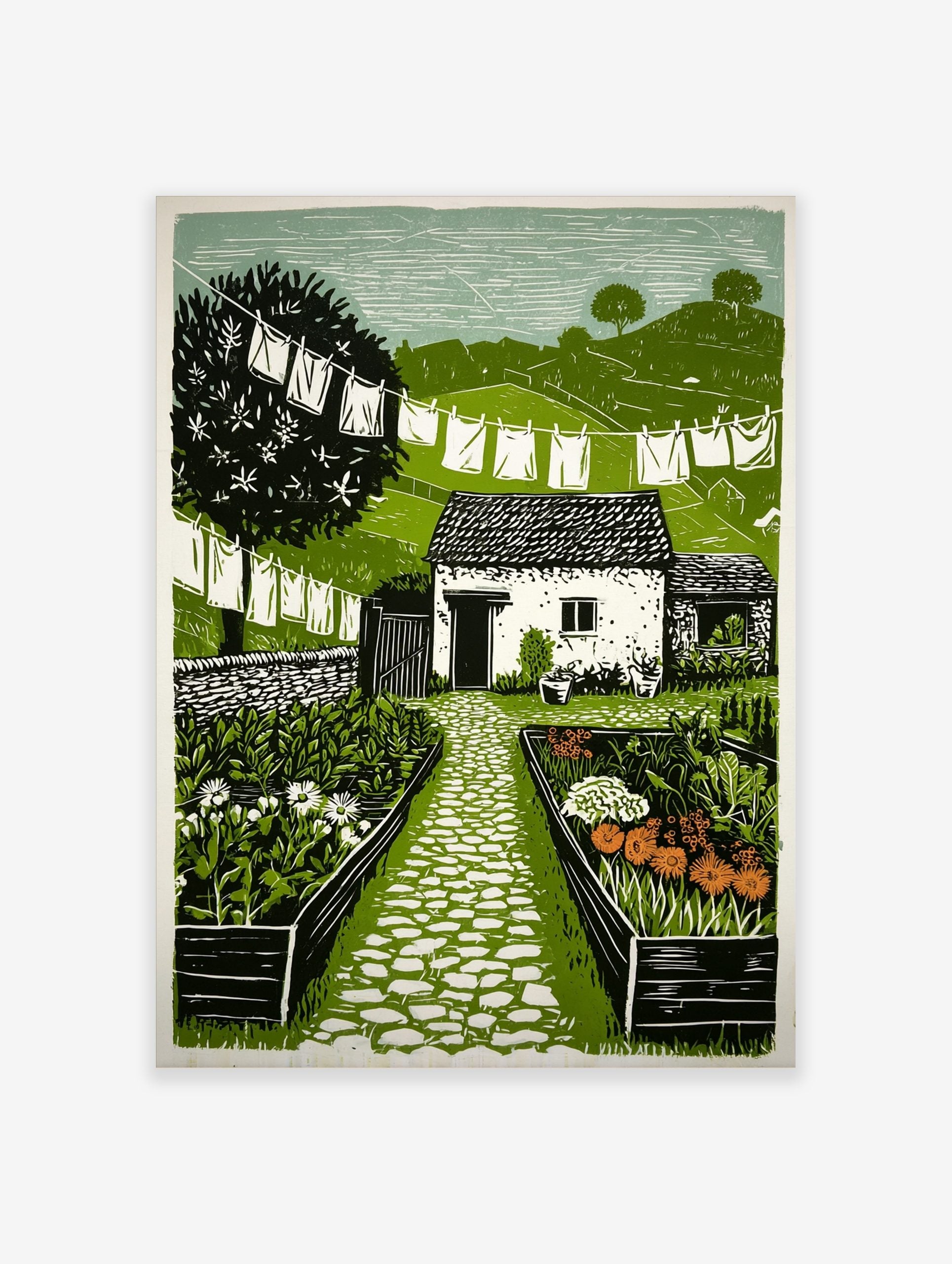 Linocut print of a cottage garden with a stone path, white cottage, flowers, clothesline, and green hills under a pale sky