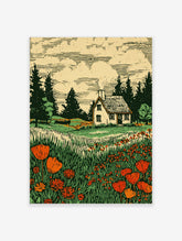 Woodcut print of a white cottage in a field of red poppies and tall green grass with pine trees
