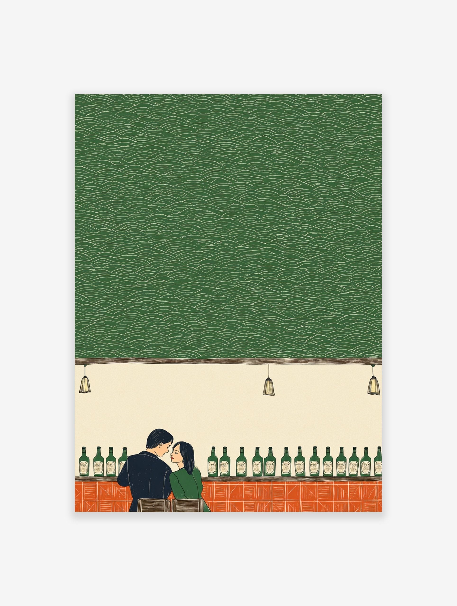 Illustrative print of a couple at a bar with green bottles and a textured green wall background
