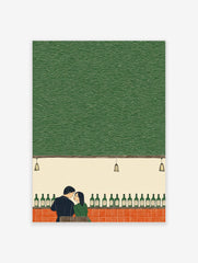 Illustrative print of a couple at a bar with green bottles and a textured green wall background