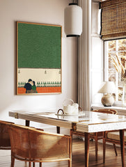 Illustrative print of a couple at a bar with green bottles and a textured green wall background, in a styled room mockup