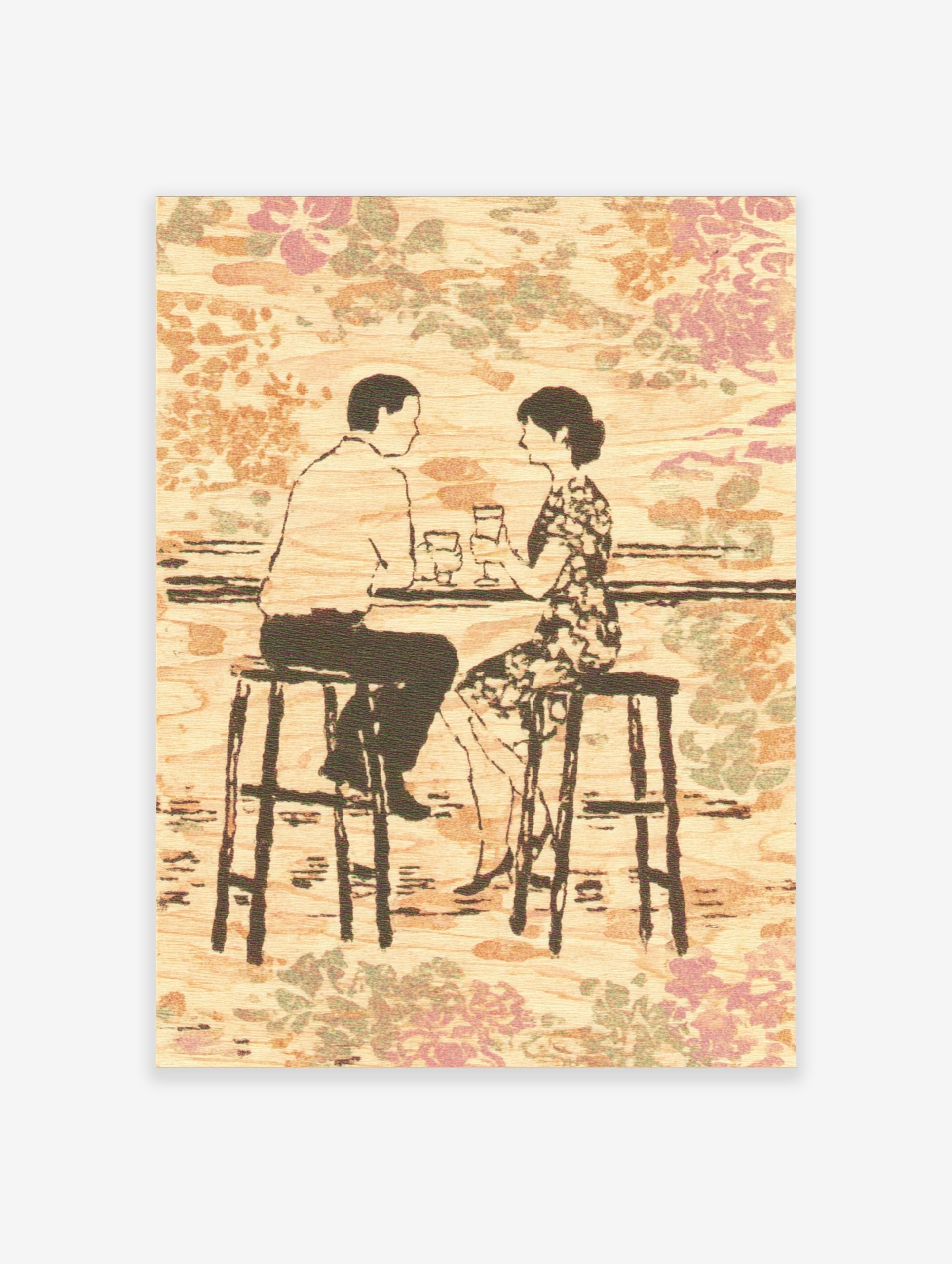 Illustrative print of a couple at a bar, holding drinks, against a wood-grain and floral pattern background