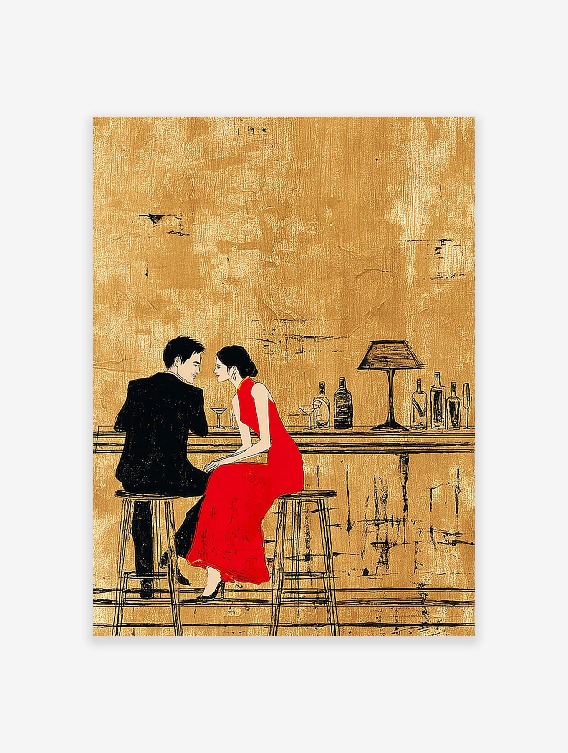 Illustrative art print of a couple on a date, man in black suit, woman in red dress at a bar with golden background