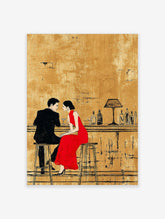 Illustrative art print of a couple on a date, man in black suit, woman in red dress at a bar with golden background