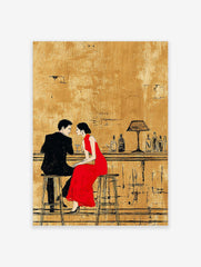 Illustrative art print of a couple on a date, man in black suit, woman in red dress at a bar with golden background