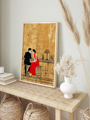 Illustrative art print of a couple on a date, man in black suit, woman in red dress at a bar, in an alternate framed mockup