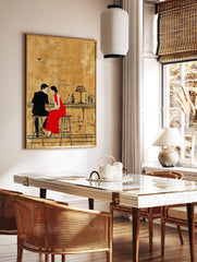 Illustrative art print of a couple on a date, man in black suit, woman in red dress at a bar with, in a styled room mockup