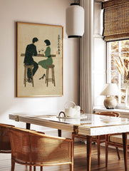 Illustrative print of a man and woman at a bar with wine, in a mid-century modern style with, in a styled room mockup