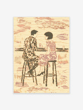 Textured illustrative print of a couple on bar stools at a counter, in muted beige and purple tones