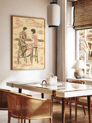 Textured illustrative print of a couple on bar stools at a counter, in muted beige and purple tones, in a styled room mockup