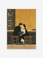 Illustrative print of a couple at a bar, leaning in close, with bottles on shelves and warm golden background