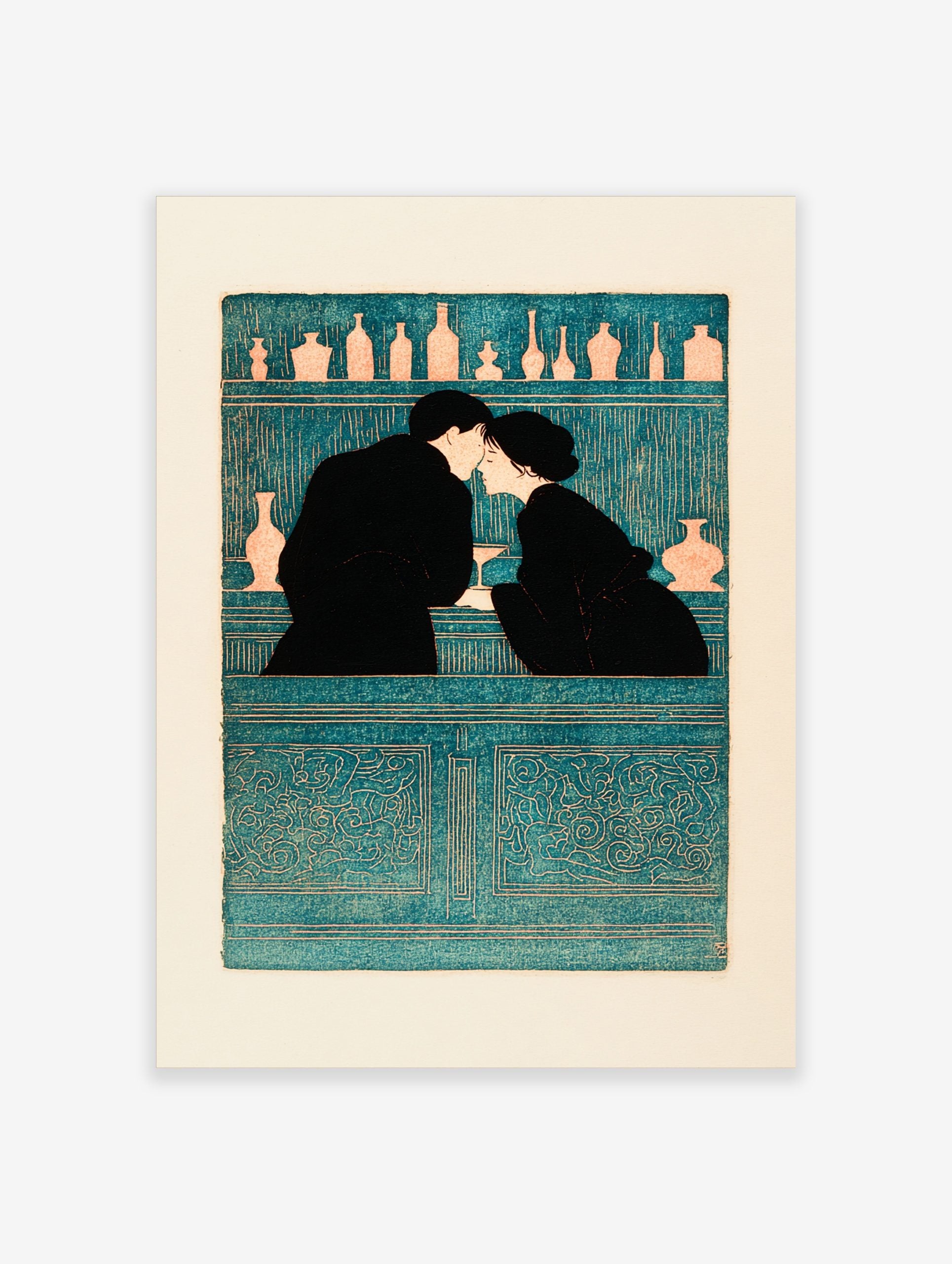 Illustrative teal and black wall art of a couple kissing at a bar with bottles on shelves