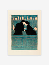 Illustrative teal and black wall art of a couple kissing at a bar with bottles on shelves
