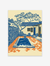 Courtyard Art Print of a Mediterranean scene with a blue pool, tiled house, and tree in blue, orange, and cream.