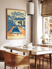 Courtyard Art Print of a Mediterranean scene with a blue pool, tiled house, and tree in blue, orange, and cream. - Image 2