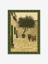 Illustrative courtyard wall art print with a tree, stone walls, table, and chairs, framed by a green botanical border.