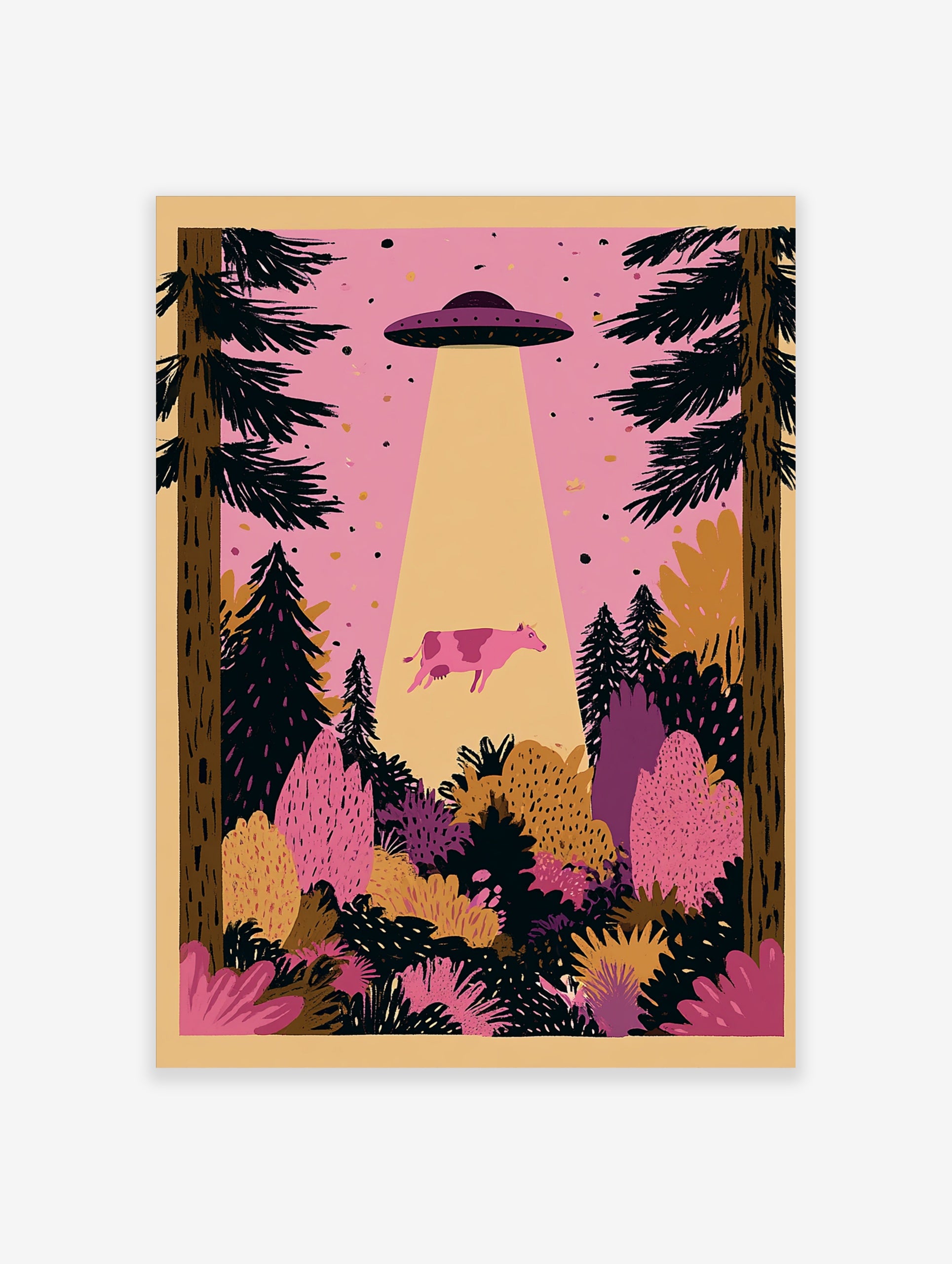 Illustrative pink cow being abducted by a UFO in a forest with pine trees and pink sky