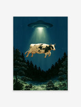 Surreal cow abduction wall art print featuring a UFO lifting a cow above a dark forest at night