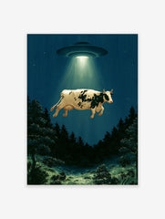 Surreal cow abduction wall art print featuring a UFO lifting a cow above a dark forest at night