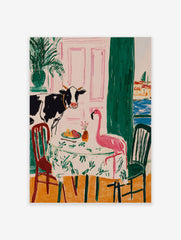 Illustrative wall art of a cow and a pink flamingo dining at a table, with a pink door and cityscape