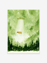 Watercolour illustration of a cow being abducted by a UFO in a green forest setting