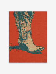 Cowboy boot poster featuring a graphic design in red, teal, and beige on a textured background.