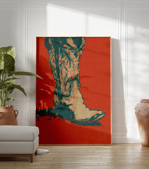 Cowboy boot poster featuring a graphic design in red, teal, and beige on a textured background. - Image 3