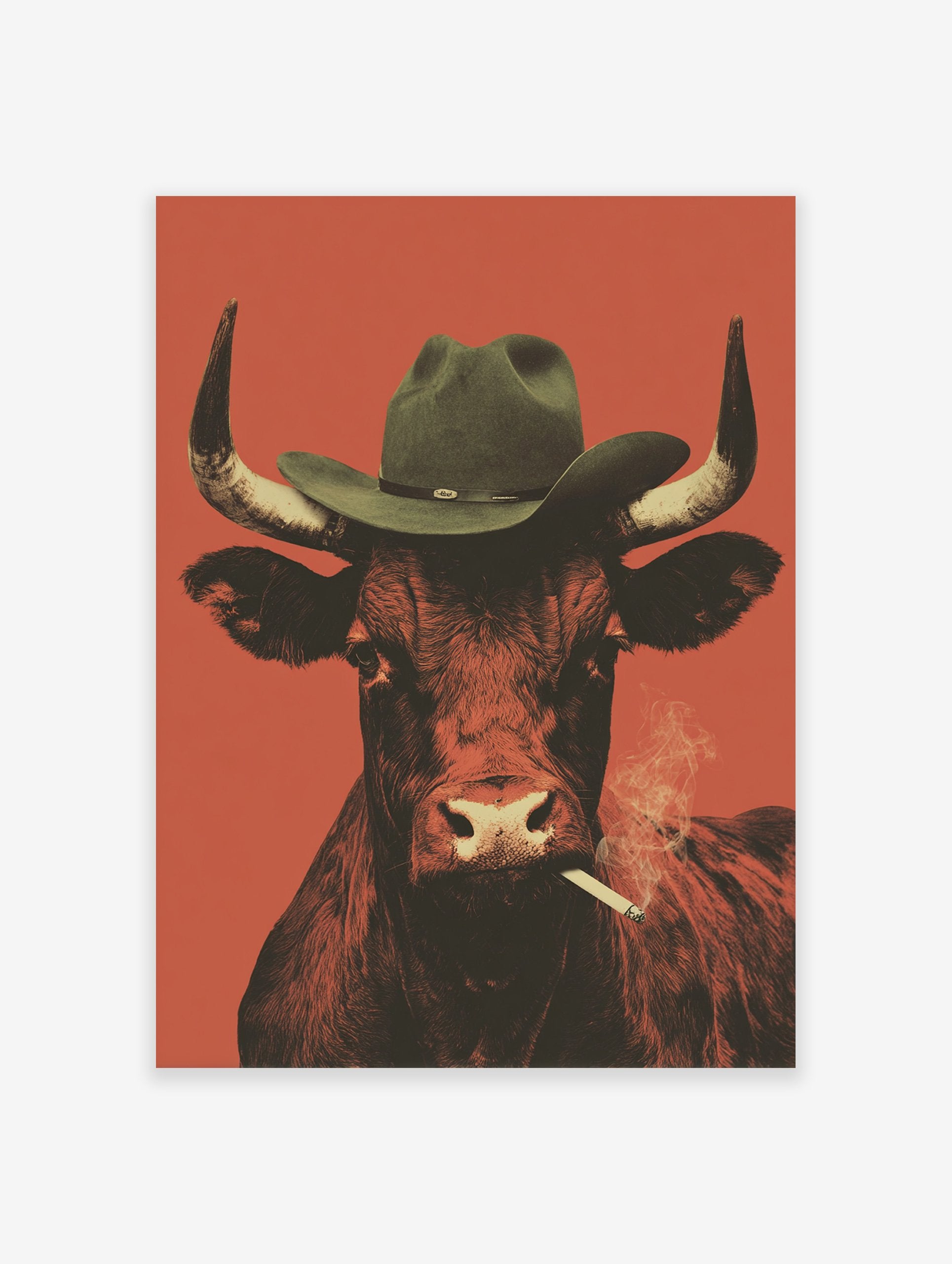 Cowboy bull smoking poster wearing a hat against a reddish-orange background, with smoke from the cigarette.