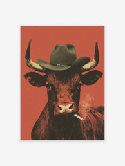 Cowboy bull smoking poster wearing a hat against a reddish-orange background, with smoke from the cigarette.